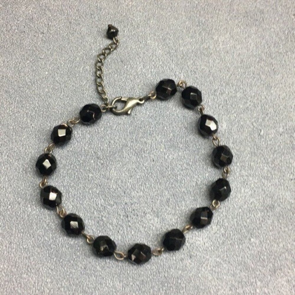 Black Faceted Bracelet Silver Chain Adjustable Lobster Claw Closure Retro BoHo